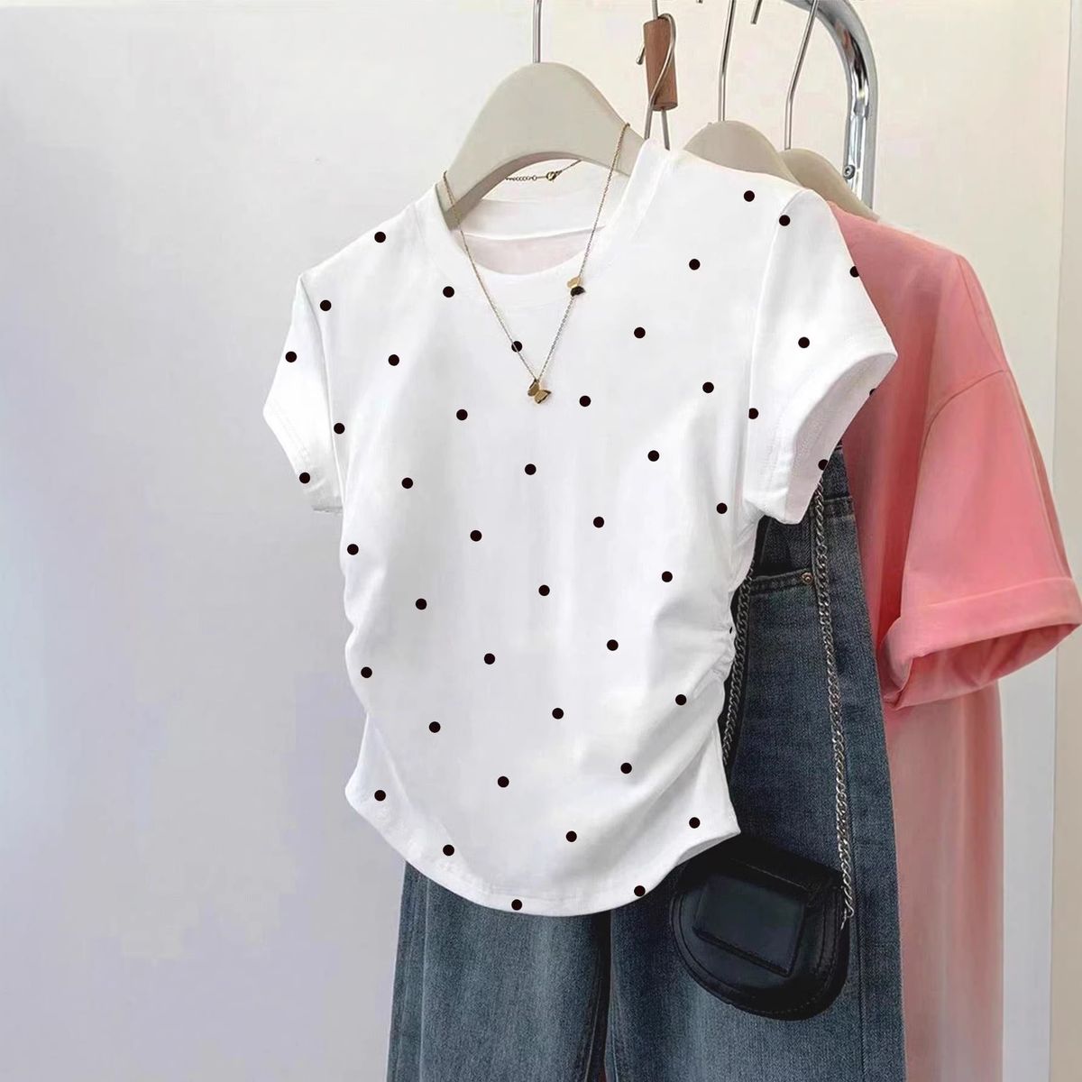 Women's Polka Dot T-Shirt Summer Short Sleeve Versatile Korean Style Top Casual Loose Fit round Neckline_ecoleips.com