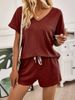 Women's Summer Two Piece Set V Neck Solid Color Elegant T-Shirt Wide Leg Tie Waist Shorts Casual Outfit_ecoleips.com