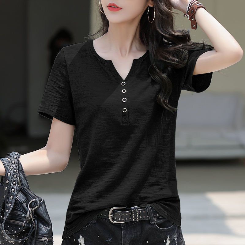 New Loose Large Size Women's V-Neck T-Shirt Top Short Sleeve T-Shirt Women's Blended Cotton_ecoleips.com