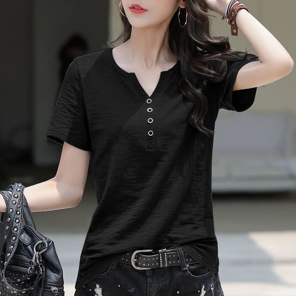 New Loose Large Size Women's V-Neck T-Shirt Top Short Sleeve T-Shirt Women's Blended Cotton_ecoleips.com