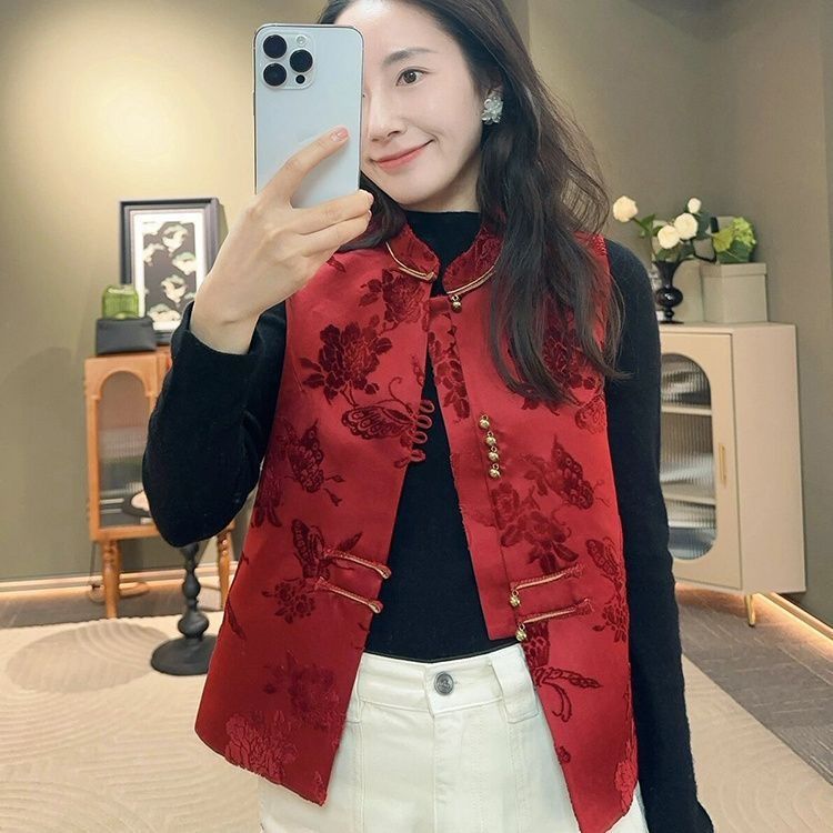Aria Basics Chinese-style Women's Vintage Red Vest 2025 New Jacket, High-end Traditional Chinese Clothing With Buttoned Design,_ecoleips.com