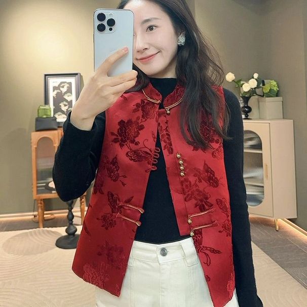 Aria Basics Chinese-style Women's Vintage Red Vest 2025 New Jacket, High-end Traditional Chinese Clothing With Buttoned Design,_ecoleips.com