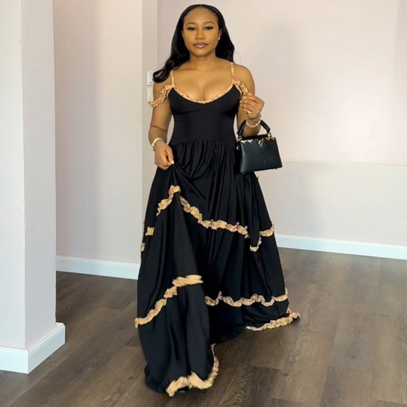 European And American Women's Clothing 2025 Summer New Fashion Sexy Suspender Lace V Neck High Waist Long Skirt Dress_ecoleips.com