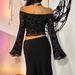 European American Cross-border 2026 Autumn And Winter New Elegant Women's Black Floral Mesh Off-shoulder Bell-sleeve_ecoleips.com