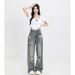 Versatile Ripped New Jeans For Women's Summer Fashion Trend, Floor Length Washed Wide Pants, Straight Leg Pants_ecoleips.com