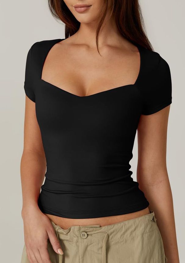 Women's Heart-shaped Collar Short-sleeved T-shirt Women's Solid Color Slim-fitting Basic Model, Fashionable Exposed Navel_ecoleips.com