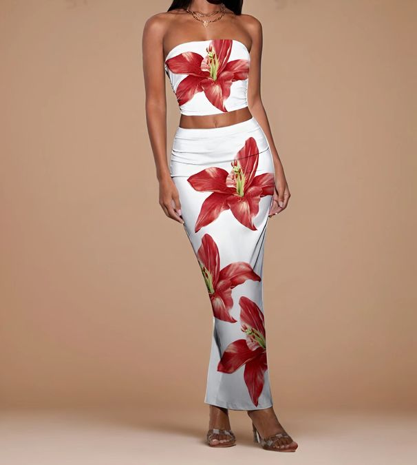 Women's Clothing Fashion Flower Print Multi Color Temperament Slim Fit Tube Top Hip Long Skirt Suit_ecoleips.com