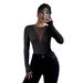 European And American Cross-border 2026 New Women's Sexy Front Mesh Patchwork Hollow-out Solid Color Long-sleeve T-shirt_ecoleips.com