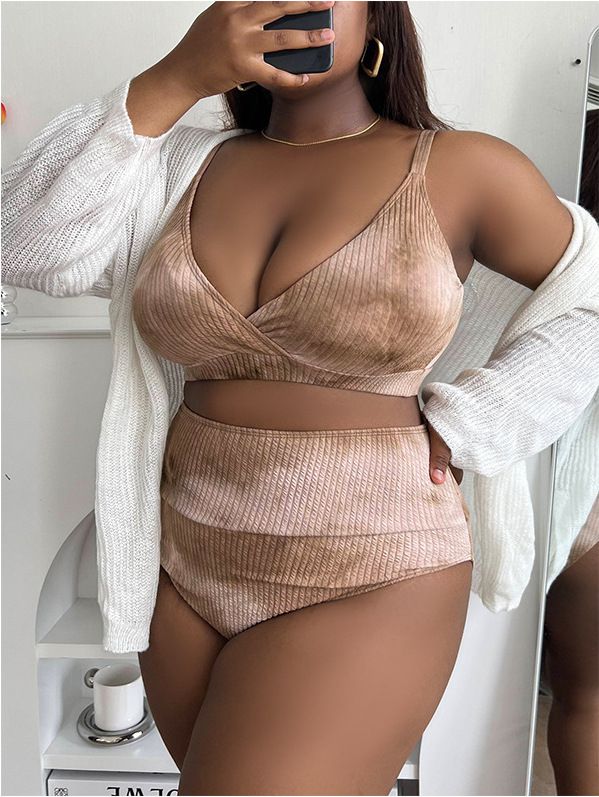 New European And American Style Plus Size Tie-Dye Strap Deep V Sexy High-Waisted Bikini Swimsuit P008_ecoleips.com