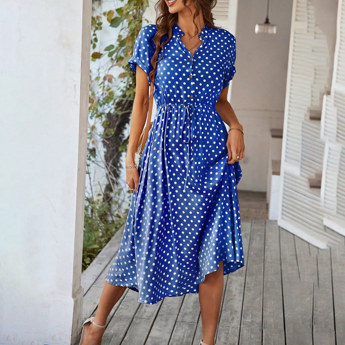 Women's Clothing Temperament Leisure Vacation Style Polka Dot Print High Waist Lace Dress_ecoleips.com