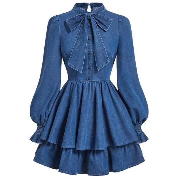 K Women's Sweet And Trendy Bow Tie Waist Slimming Denim Dress_ecoleips.com