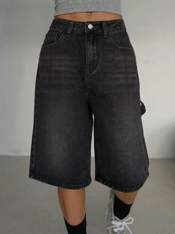 Women's Retro Distressed Washed Denim Shorts Straight Leg Loose Mid-Length Pants_ecoleips.com
