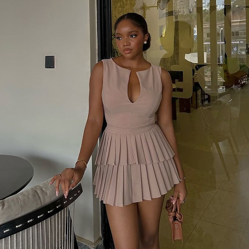 Women's V-Neck High Waist A-Line Pleated Mini Dress – Summer Casual Short Sleeveless Dress In Khaki (S-2xl)_ecoleips.com