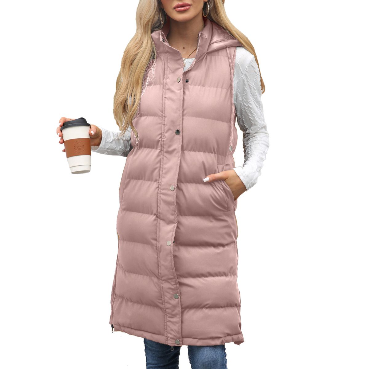 Women's Long Sleeveless Hooded Vest With Zip Front, Quilted Padded Jacket For Winter, Casual Outerwear In Solid Colors_ecoleips.com