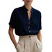 Women's V-Neck Linen Blend Short Sleeve Shirt - Breathable Summer Blouse With Relaxed Fit_ecoleips.com