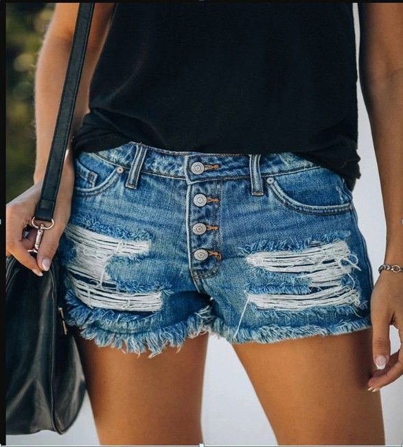 2025 European And American Trendy Women's Ripped Tassel Denim Shorts Straight Breasted Women's Hot Pants_ecoleips.com