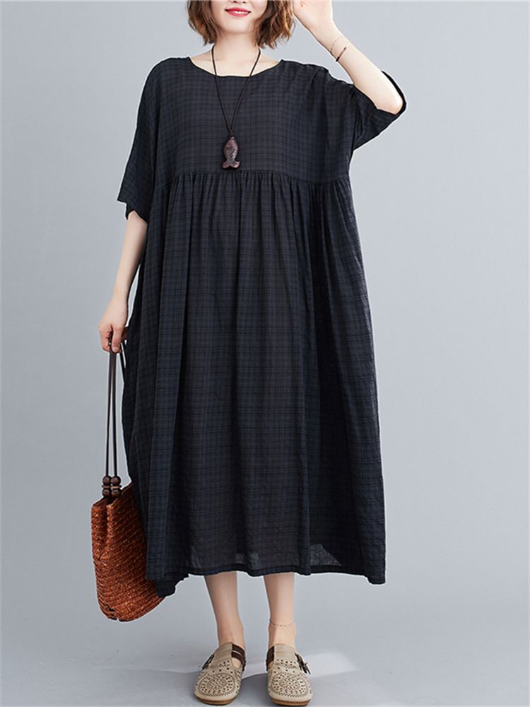 Cotton Vintage Short Sleeve Solid Color Dresses For Women 2026 Summer Casual Loose Long Black Dress Femme Robe Elegant Clothing_ecoleips.com