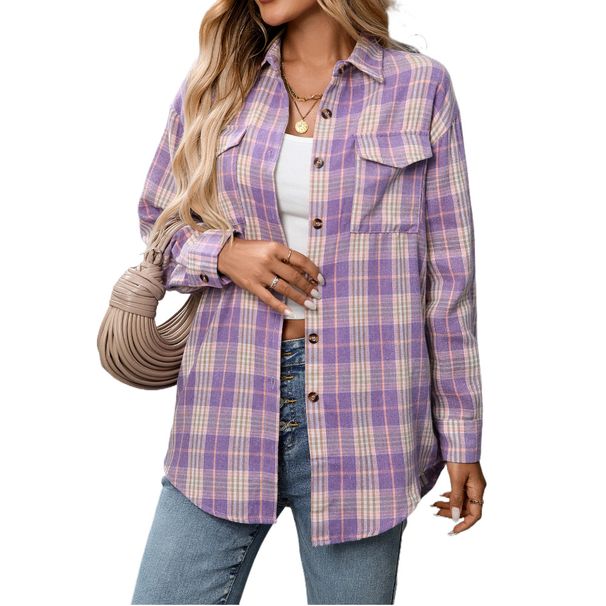 New Casual And Fashionable Loose Checkered Pocket Shirt For Women. No Interior Or Other Accessories_ecoleips.com