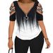 Women's Clothing Casual Printed V Neck Zipper Gradient Top Shorts Two Piece Set_ecoleips.com