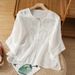 Women's Chinese Style V-Neck Shirt Heavy Embroidery Cotton Linen Single-Breasted Summer Top Five-Quarter Sleeve 2026 New Style_ecoleips.com