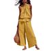Summer Casual Women's Clothing Set Style Cotton And Linen Sleeveless Ruffled Wide Leg Pants Two Piece_ecoleips.com