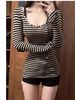 Slim Fit Long Sleeve V-Neck Striped T-Shirt Women's Design Base Layer Sweet Spicy Large Collar Trendy Korean Style Top_ecoleips.com