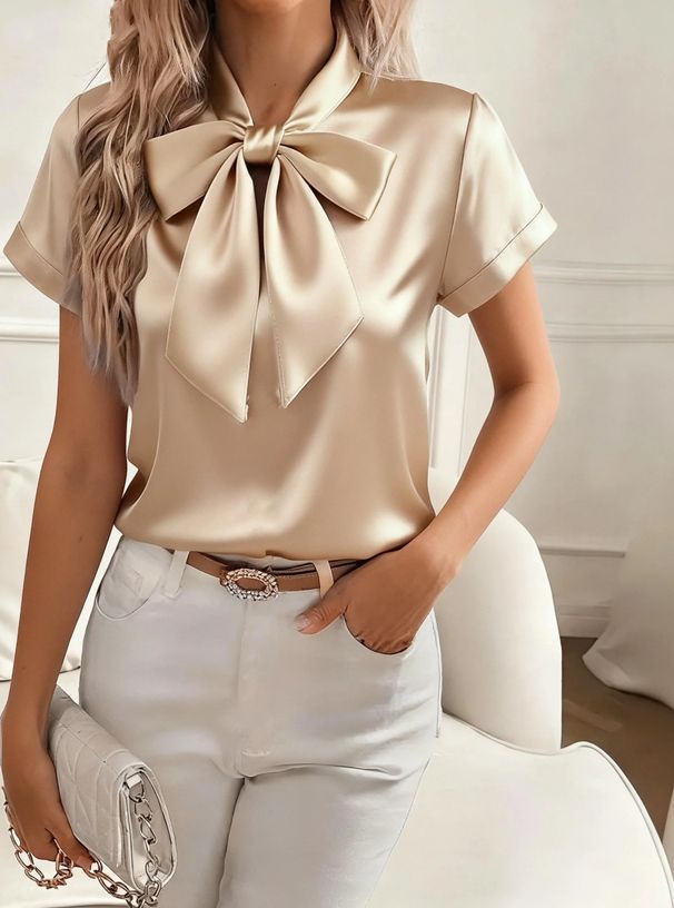 Women's Solid Color Satin Shirt with Bow Spring/Summer Short Sleeve Elegant Fashion Blouse for Ladies Regular Fit_ecoleips.com
