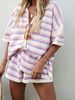 Women's Striped Knit 2 Piece Outfit, Hollow Out Short Sleeve Polo Neck Top & Elastic Waist Shorts Set, Casual Loose Summer Loungewear For Daily Beach_ecoleips.com