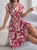 Elegant Floral Short Sleeved Pleated Dress Women Round Neck Medium Long Spring Summer Causal A Line Dress_ecoleips.com