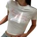 Y23TP626 Women's Autumn New Letter Printed Round Neck Short Sleeve Open Navel Top T-shirt For Women_ecoleips.com