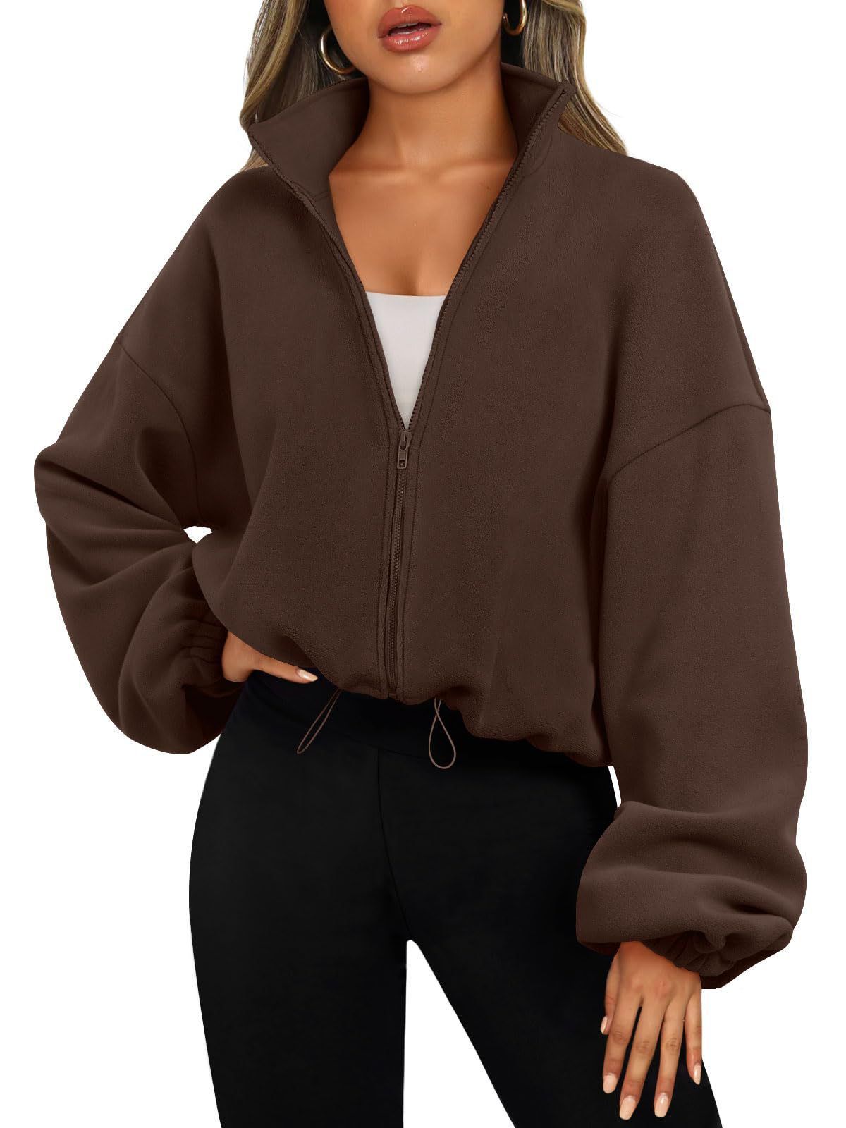 Women's Clothing Autumn Fashion Casual Stand Collar Long Sleeve Zipper Drawstring Warm Cardigan Loose Sweater_ecoleips.com