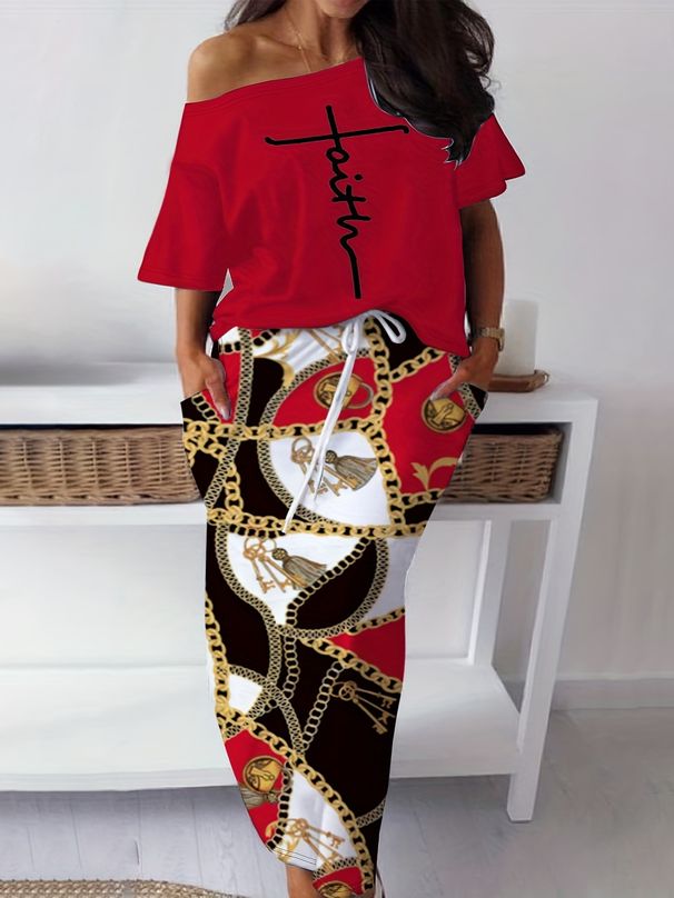 Women's Off-Shoulder Printed Two-Piece Set T-Shirt And Skirt Casual Fashion Outfit plus Size Available_ecoleips.com