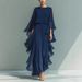 Women's Clothing Navy Blue Chiffon Top With Flared Sleeves Straight Leg Pants Set Ruffles_ecoleips.com