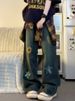 American Retro Plus-size Floral Embroidered Jeans For Women, Autumn Vintage-style Pa, Slightly Flared Straight-leg_ecoleips.com