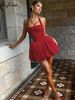 Hugcitar 2025 Elegant Women Sexy Slim Dress Red Halter Backless Bandage Pleated Mini Dresses Evening Party Birthday Festival Y2K_ecoleips.com