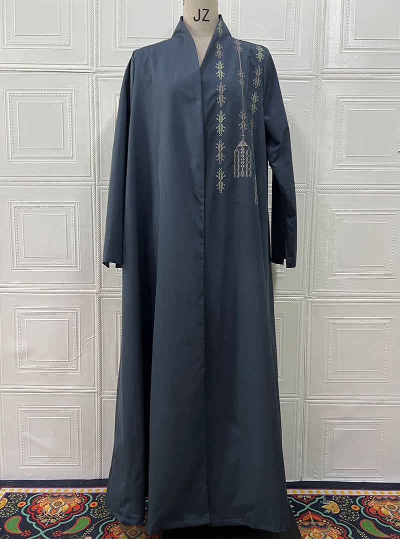 Muslim Outerwear New British Retro Motorcycle Embroidered Jacket Long Robe Trench Coat Polyester Muslim Outerwear For Women_ecoleips.com