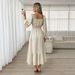 New Square Neck Long-sleeved Dress Women's Bubble Sleeve Lace-up Waist Thin Ruffle Edge Long Dress_ecoleips.com