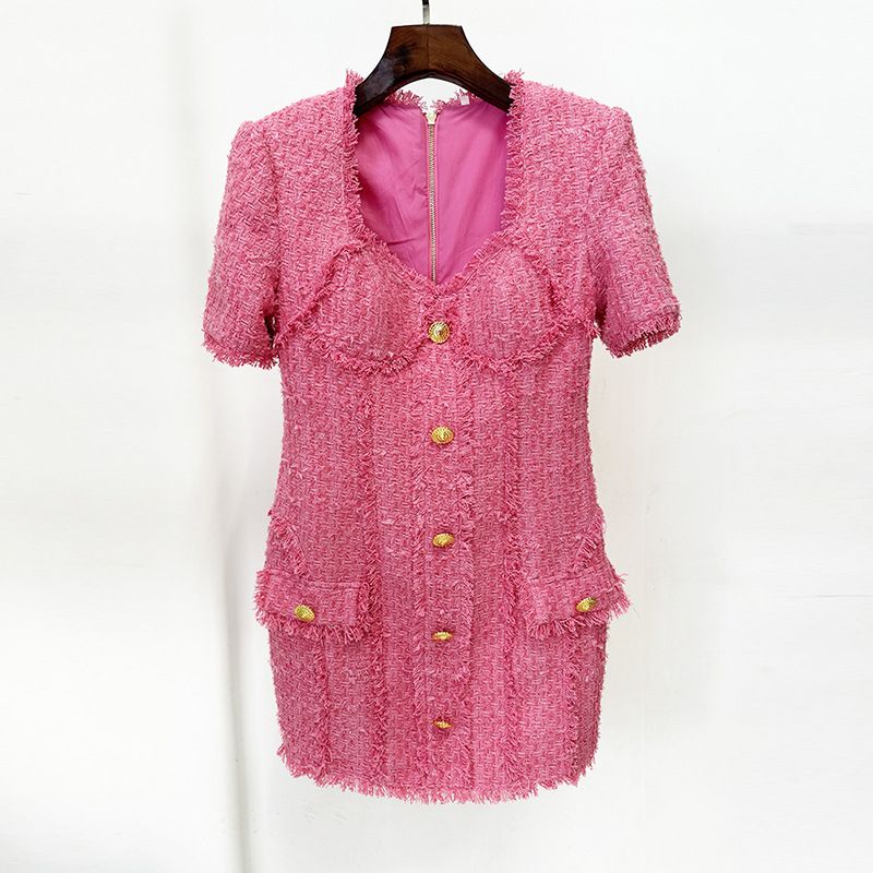 Women's Clothing Spot Autumn And Winter New French Temperament Lion Button Tassel Edge Square Collar Short Sleeve Tweed Dress_ecoleips.com