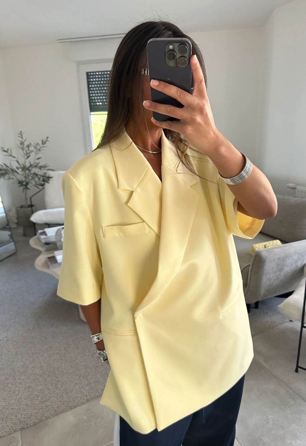 Women's Oversized Short Sleeve Blazer, Casual Loose Fit Lapel Suit Jacket, Elegant Solid Yellow Lightweight Outerwear, Daily Office Streetwear, Breath_ecoleips.com