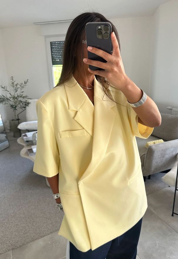 Women's Oversized Short Sleeve Blazer, Casual Loose Fit Lapel Suit Jacket, Elegant Solid Yellow Lightweight Outerwear, Daily Office Streetwear, Breath_ecoleips.com