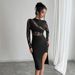 European And American Cross-border 2026 Autumn New Women's Solid Color Contrasting Lace Slit Sexy Bodycon Dress_ecoleips.com
