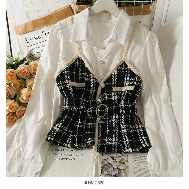 Women's Clothing Retro Contrast Color Stitching Tweed Two Piece Blouse Autumn High Waist Strap Slim Fit Lapel Long Sleeve Top_ecoleips.com