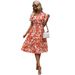 Women's Spring/Summer Short Sleeve V Neck Dress Leaf Print Full Skirt Waist Cinching Fairy Dress_ecoleips.com