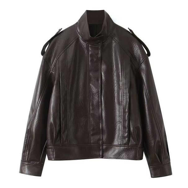 Oversized PU Leather Jacket For Women Streetwear Essential With Drop Shoulder & Zip Details (S-L, Matte Black/Chestnut, Unisex Street Style)_ecoleips.com