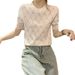 Women's French Style Rhinestone Knit T-Shirt Round Neck Short Sleeve Puff Sleeve Hollowed Out Pattern Heavy Duty New Summer Top_ecoleips.com