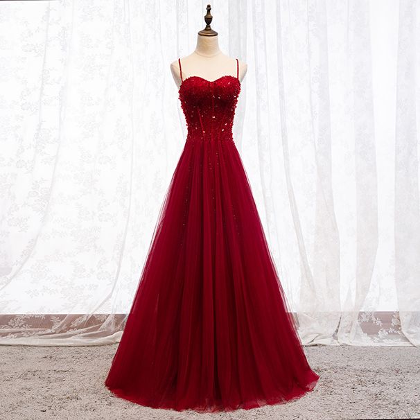Women's Clothing Bride Toast Dress New Summer Red Sling Engagement Tulle Long Wedding Banquet Evening Dress_ecoleips.com