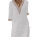 Women's Clothing Women's Style Solid Color V Neck Mid Sleeve Cotton Linen Casual Dresses Lace Trimmed For Formal & Casual_ecoleips.com