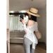 Women's Irregular Off-Shoulder Long Sleeve T-Shirt White Thin Slim Fit Summer Style Tie Waist Slightly Sheer Sun Protection Top_ecoleips.com
