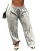 Women's Clothing Vertical Stripes Gray Drawstring High Waist Wide Leg Pants Loose Sweatpants_ecoleips.com