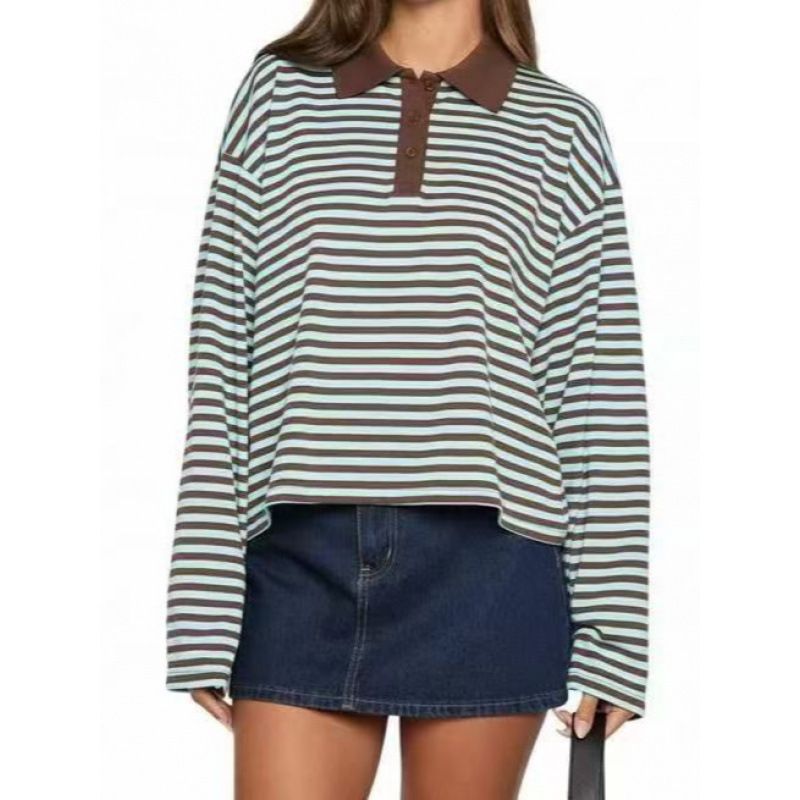 Colorful Contrast Casual Collar Cotton Long-Sleeve Striped T-Shirt With Loose Fit Wholesale_ecoleips.com